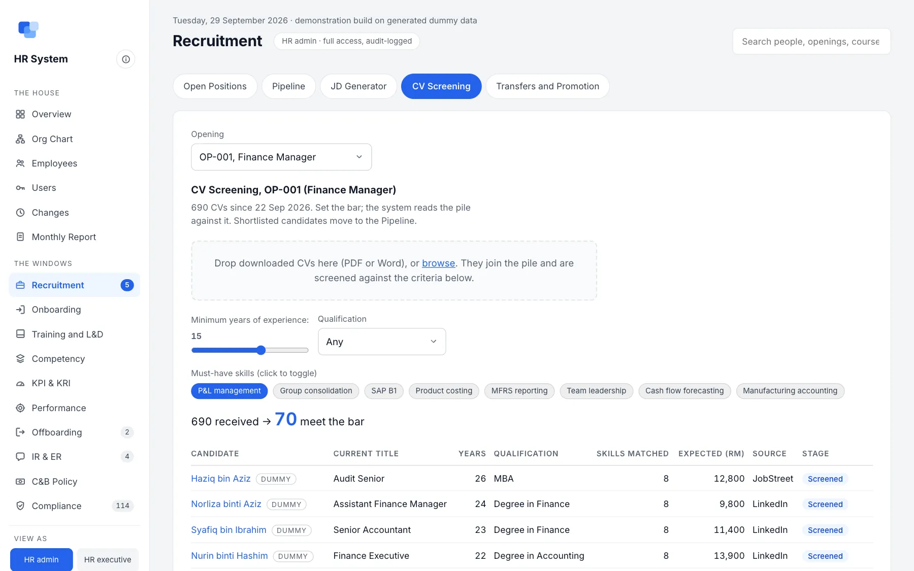 HR system recruitment: CV screening sets the bar and shortlists 70 of 690 applicants for one opening